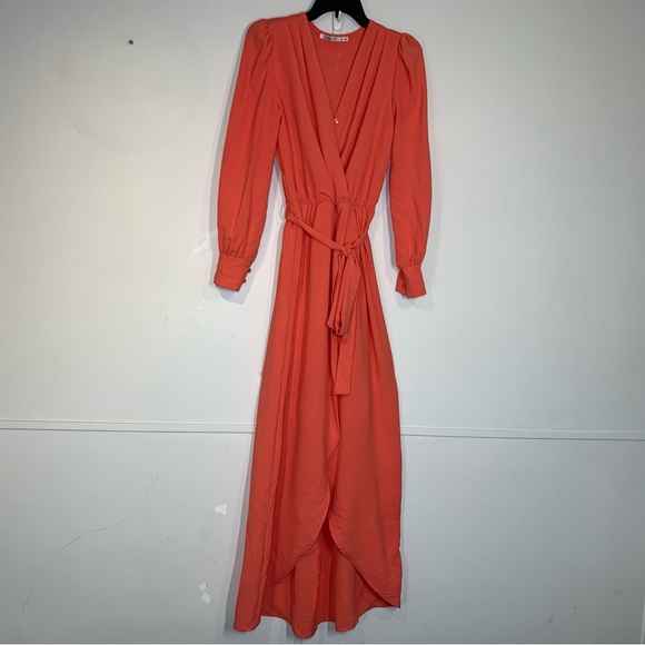 FRAICHE BY J Wrap Front Long Sleeve Dress in Coral - Picture 4 of 13